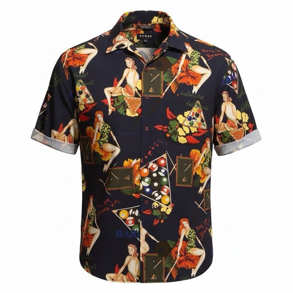 Vintage Billiards Pin Up Shirt Mens XL Navy Hawaiian Camp Aloha Koman Sport 90s